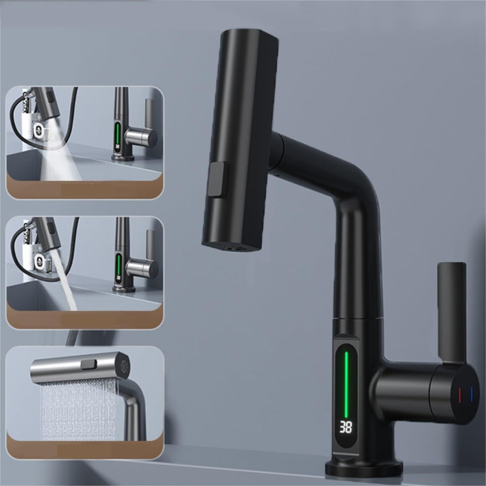 Intelligent Digital Display Faucet Pull-out Basin Faucet Temperature Digital Display Rotation EX-STOCK Canada