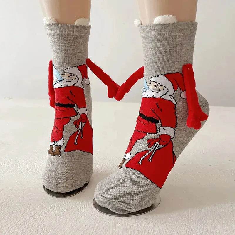 Christmas Magnetic Socks Cute Elk Santa Claus Snowman Hand-holding Socks For Couple - EX-STOCK Canada