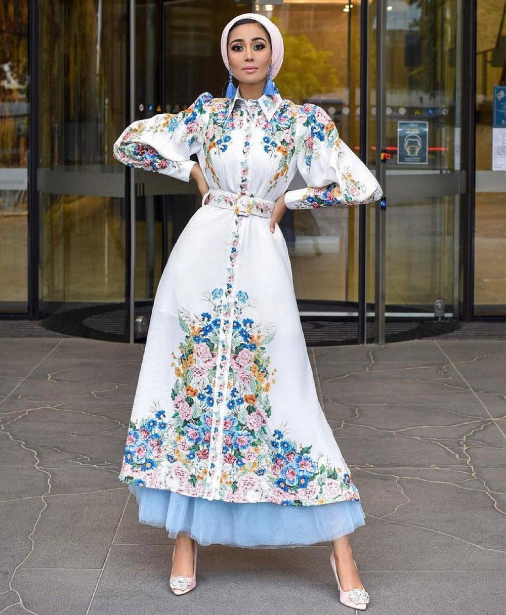 Mode Puffärmel Reversrobe Arabisches Damenkleid mit digitalem Druck, mittlerer Taille, lang EX-STOCK Canada