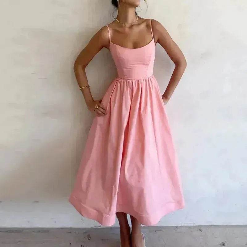 Elegant Solid Color Spaghetti Strap Suspender Skirt Dress Midi Skater Dress for Women - EX-STOCK Canada