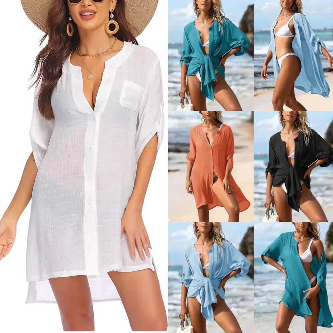 Protección del sol europeo y americano Mujeres Camisa de lino de la playa