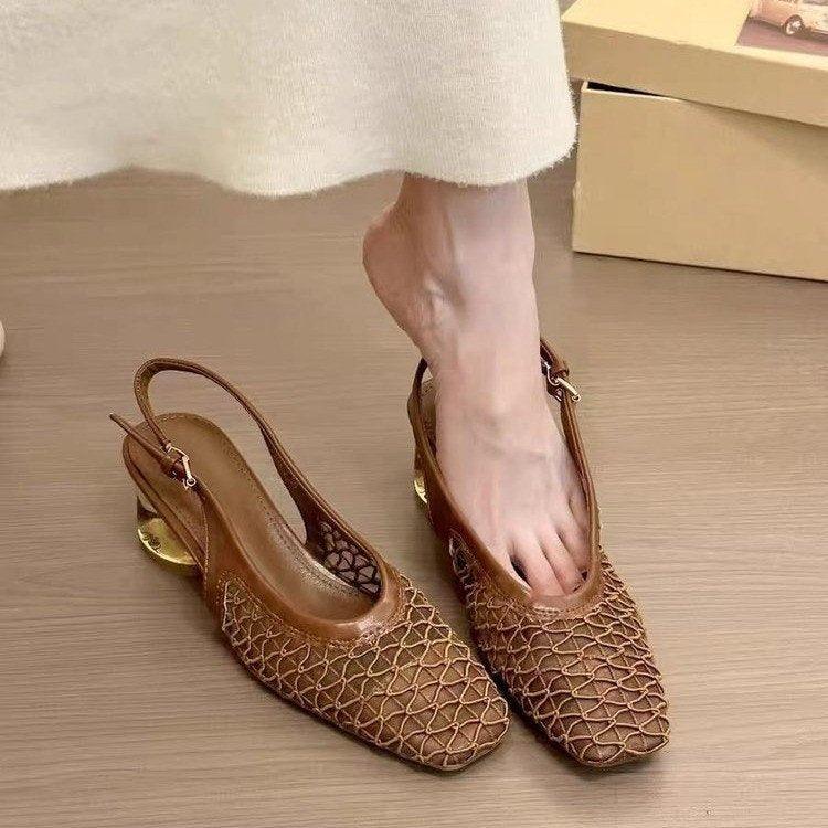 2025 Französische Retro Mary Jane Sandalen für Damen mit eckiger Spitze, Mesh, durchlochtenem Blockabsatz