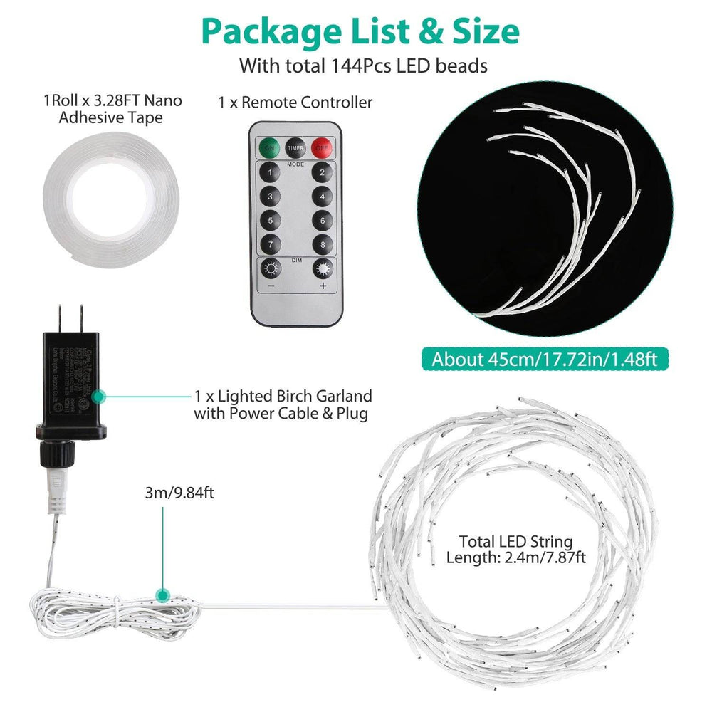 1Pc 7.87FT Lighted Birch Garland Lighted Twig Vine Lights 144LED Birch Garland With Lights String Light With Timer 8 Modes IP45 Waterproof For Christmas Fireplace Home Decoration - EX-STOCK Canada