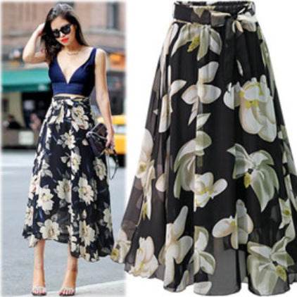 Women Formal Work Office High Waist Floral Midi Big Swing Chiffon Skirt - EX-STOCK Canada