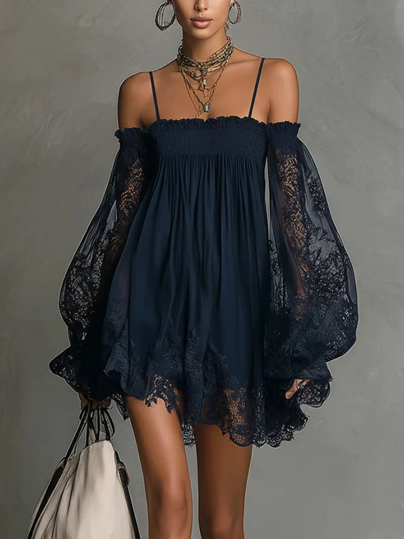 Long-Sleeve Lace Boat Neck Slip Dress