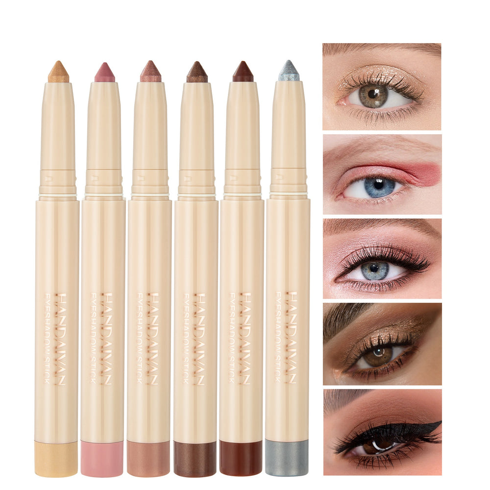 Set of makeup pencils with color swatches on a white background