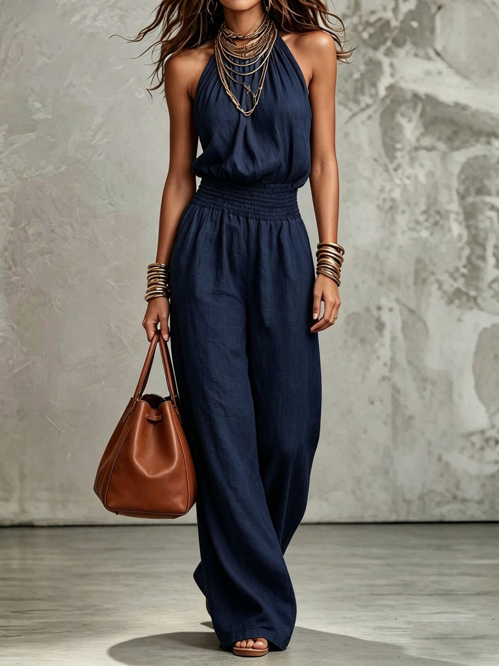Navy Women's Halter Neck Backless Wide-Leg Jumpsuit | Sleeveless Lace-Up Onesie