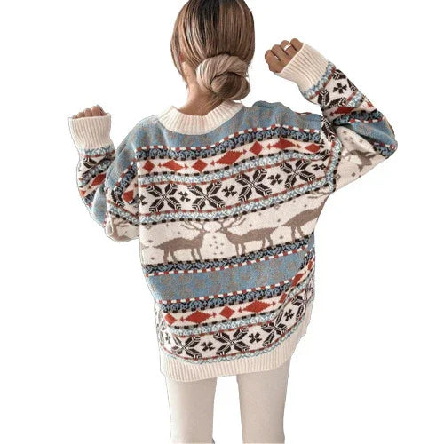Women's Fashion Round Neck Loose Christmas Theme Jacquard Long Sleeve Sweater EX-STOCK Canada