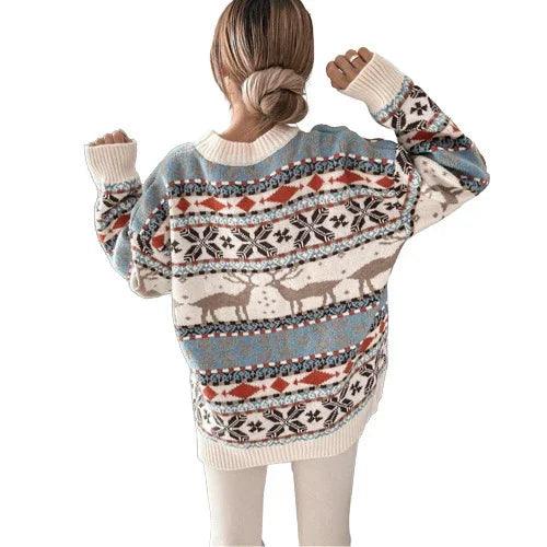 Pull à manches longues en jacquard à thème de Noël pour femmes, col rond, coupe ampleEX-STOCK Canada