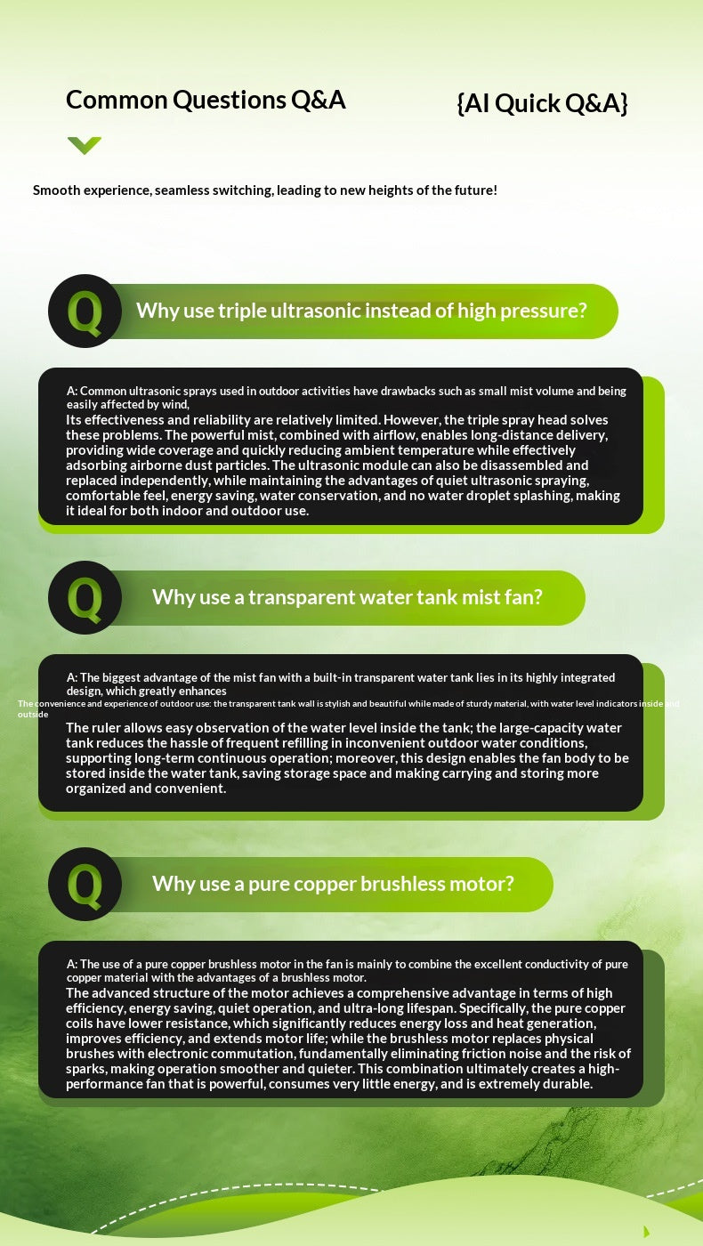 A green and white digital infographic titled 'Common Questions Q&A' with three black text panels and green question marks, explaining product features such as triple ultrasonic high pressure, transparent water tank mist fan, and pure copper brushless motor.