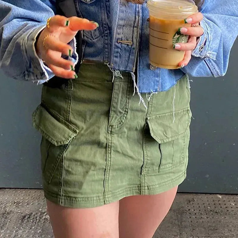 Simple Tooling Style Pocket Army Green Woven Hot Girl A- Line Mini Hip Cargo Skirt Summer - EX-STOCK CANADA