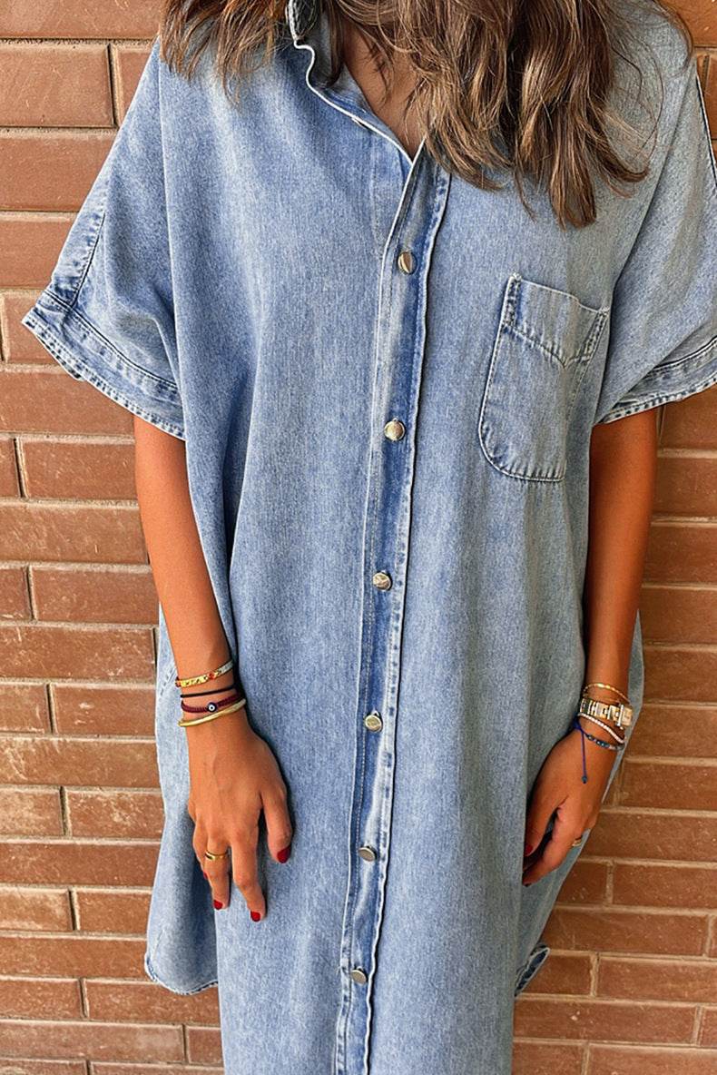 Women's Solid Color Single Row Multi-buckle loose Dress Short Sleeve Denim - EX-STOCK Canada