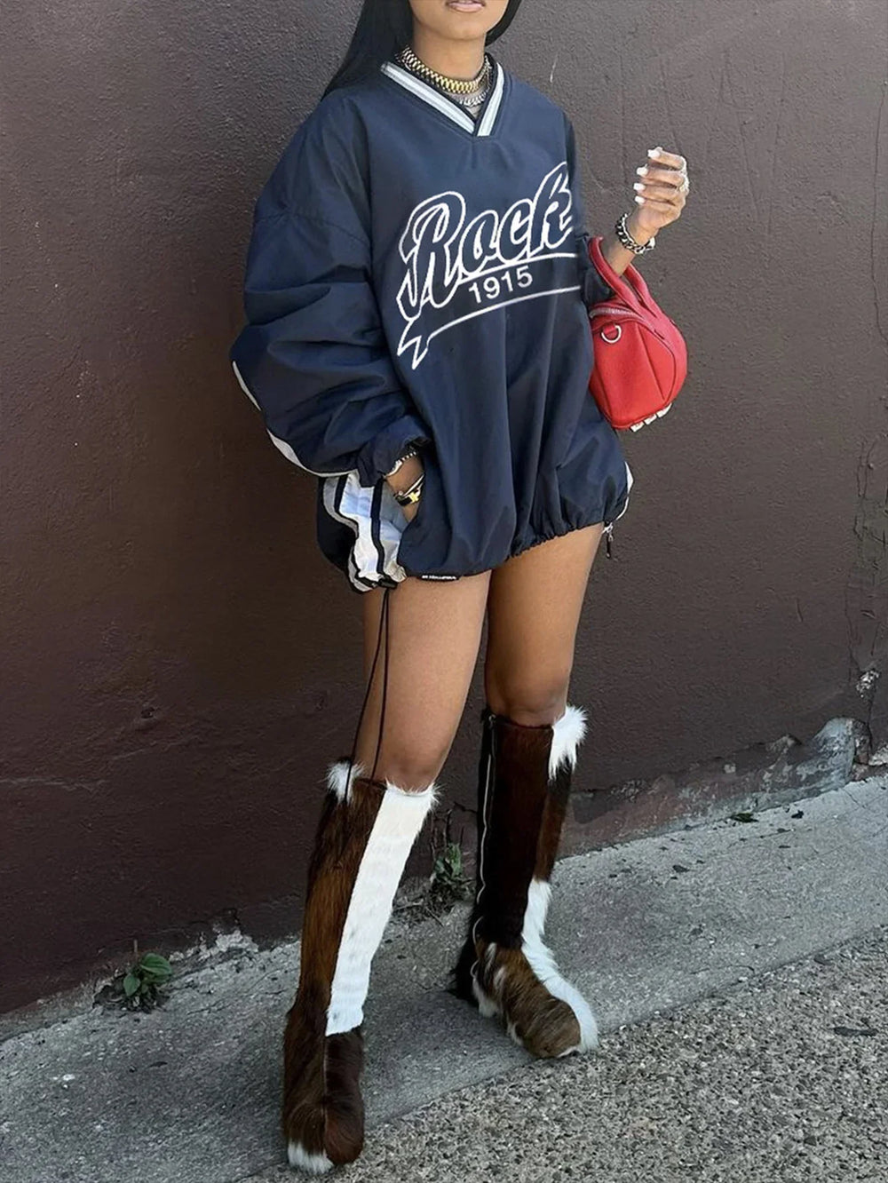 Women's Letter Print Color Block Loose Sweatshirt EX-STOCK Canada