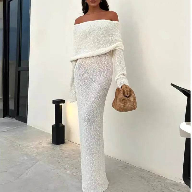 French-style Off-shoulder Dress Party Long-sleeved Long Dress - EX-STOCK Canada