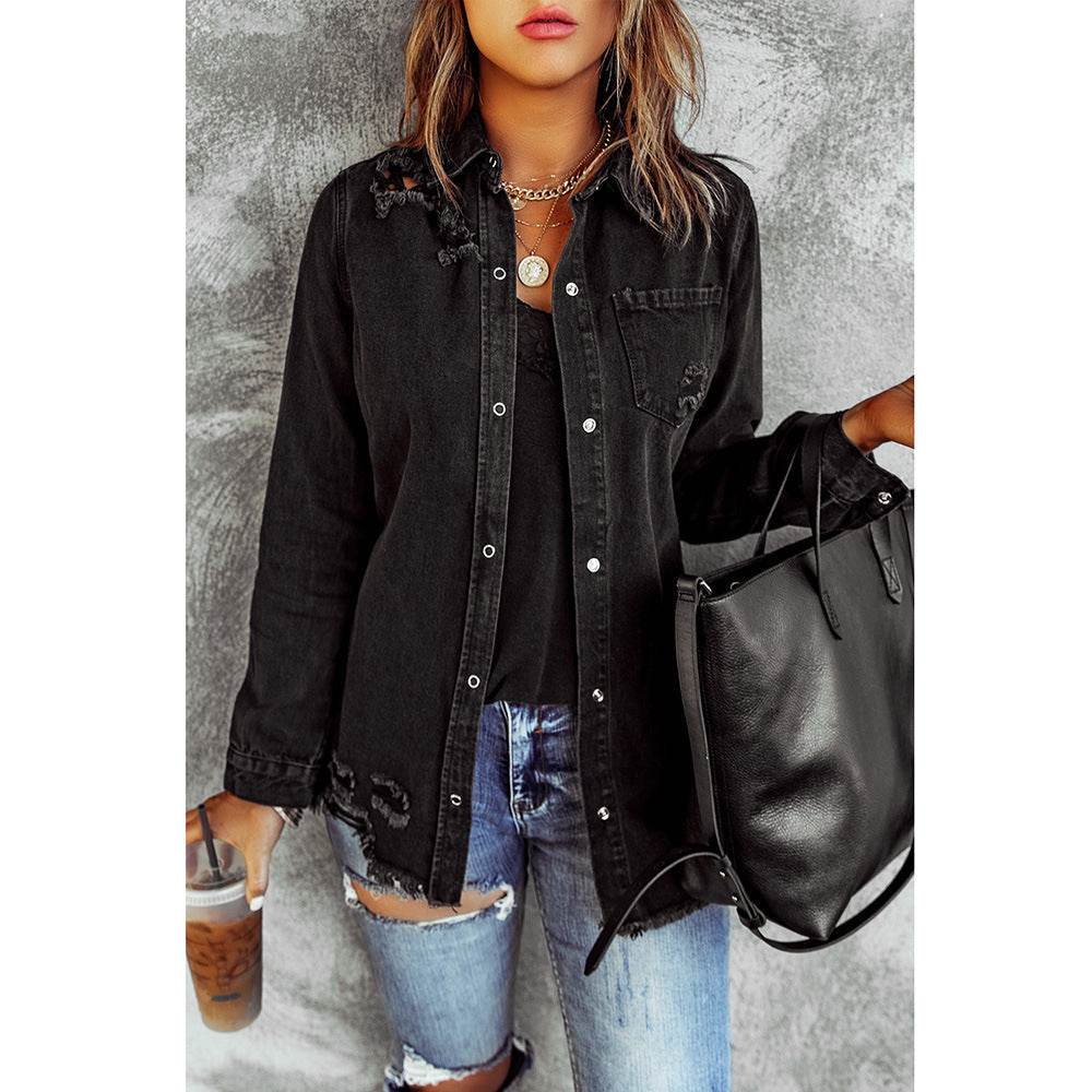 Black Ripped Shirt Denim Long Sleeve Coat Jacket Women - EX-STOCK Canada