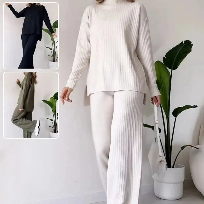 Casual 2pcs Co ord Winter Turtleneck Knitted Suit Loose Split Long-sleeved Top And Straight Trousers Fashion Casual Solid Set Women's Clothing - EX-STOCK CANADA