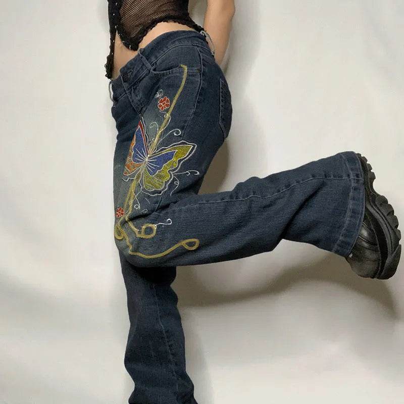 Fashion Women's Sexy High Waist Retro Individual Butterfly Print Bootcut Jeans - EX-STOCK Canada