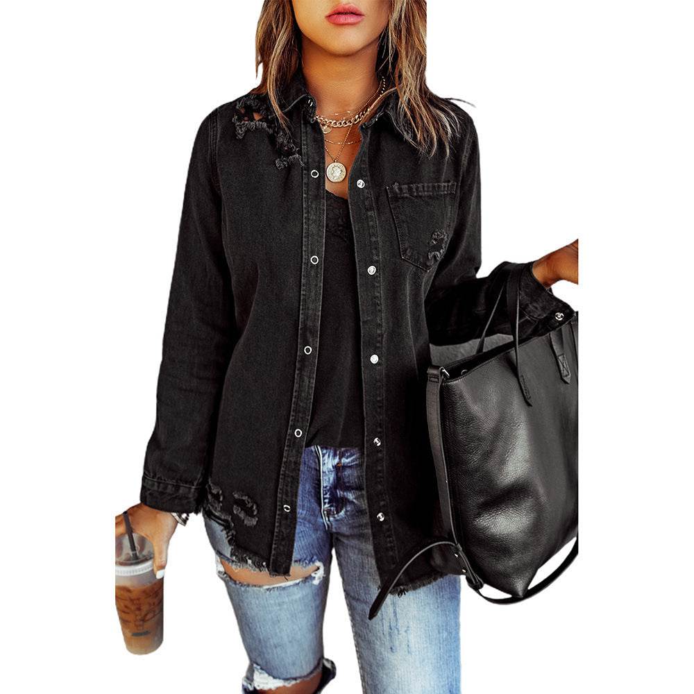 Black Ripped Shirt Denim Long Sleeve Coat Jacket Women - EX-STOCK Canada