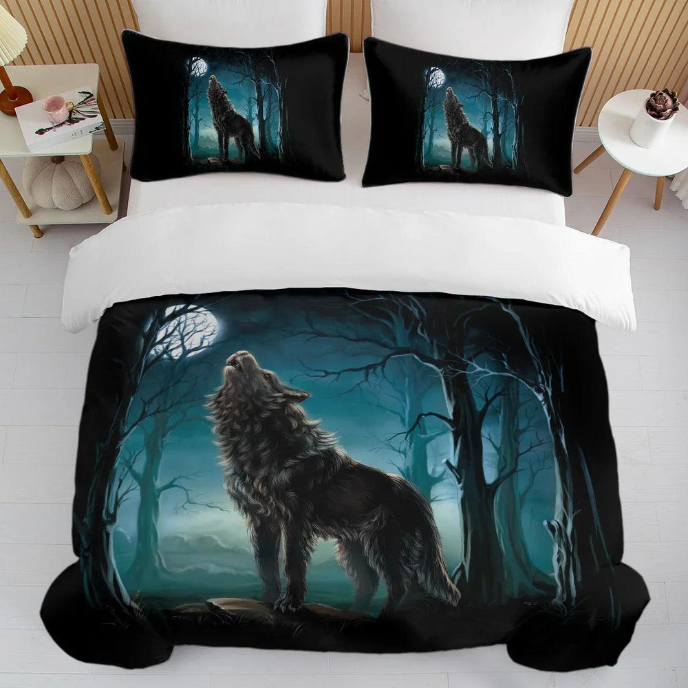 Linge de lit Moon Wolf Vert Aquarelle Forêt Paysage Loup Housse de Couette Ensemble 3 Pièces Ensemble de literie Animaux Sauvages Taille Simple Double Queen KingEX-STOCK Canada