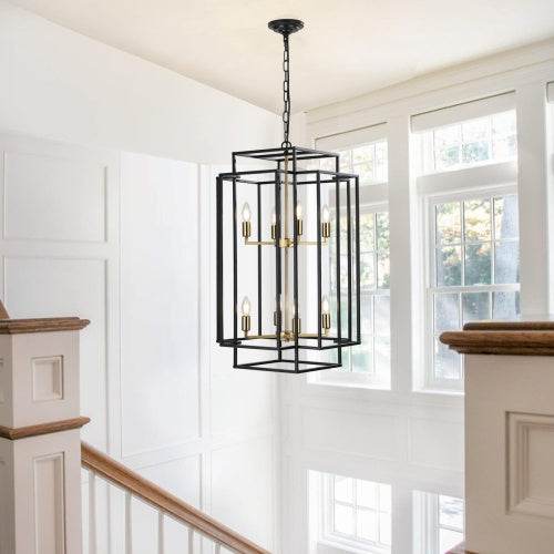 8 Lights Black & Gold Lantern Tiered Chandelier, Industrial Farmhouse Chandelier - No Bulbs - EX-STOCK Canada