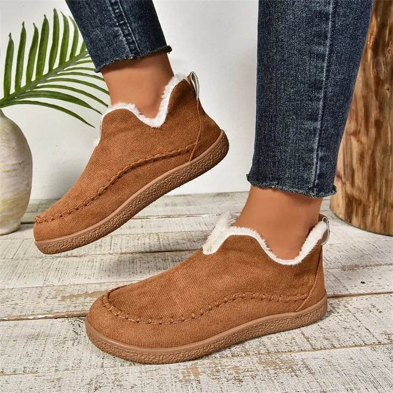 Fashion V-cut Plush Ankle Boots Winter Plus Velvet Flat Snow Boot Casual Warm Solid Suede Cotton Shoes For Women - EX-STOCK Canada