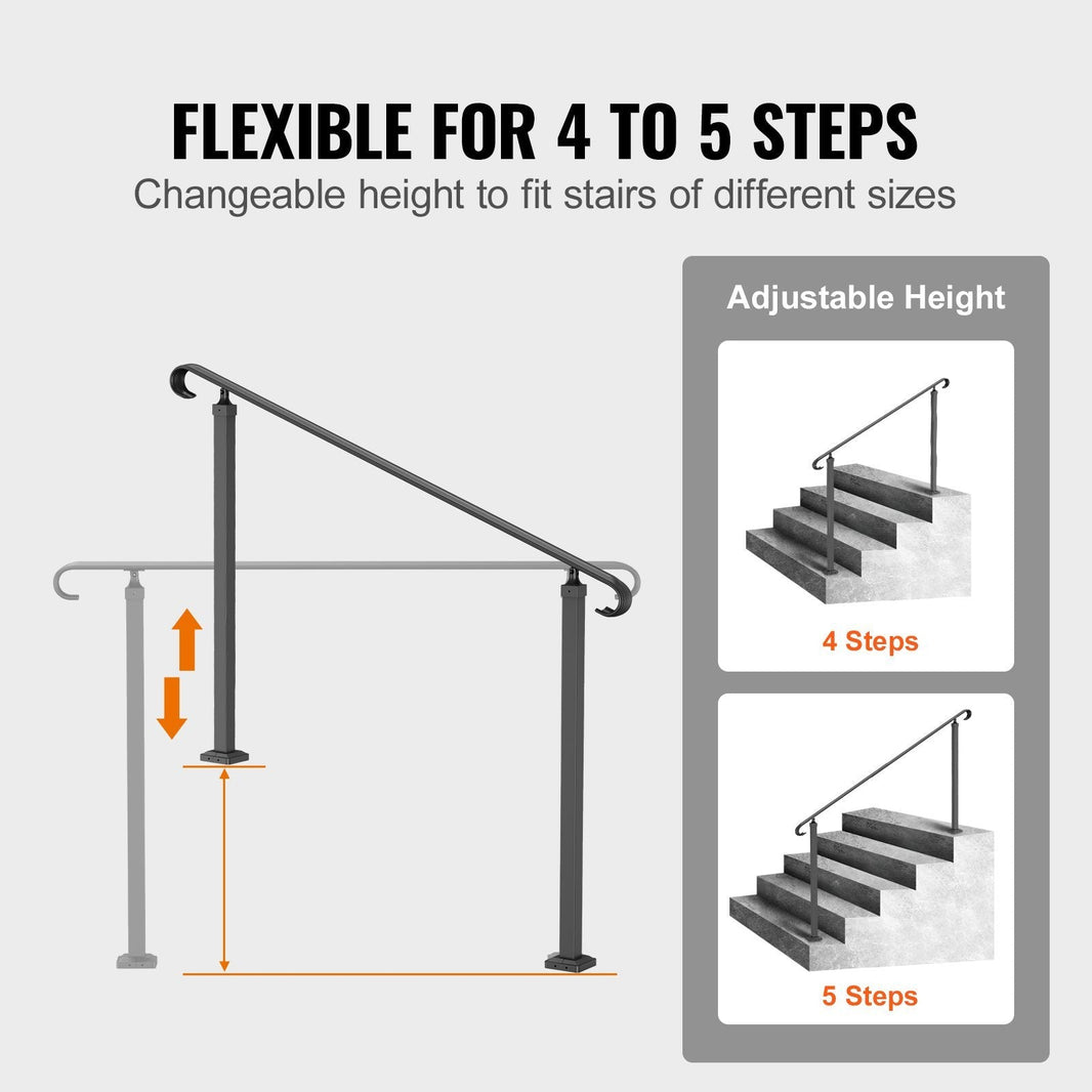 Handrails For Outdoor Steps, Fit 3-5 Steps Outdoor Stair Railing, Wrought Iron Handrail, Flexible Front Porch Hand Rail, Black Transitional Hand Railings For Concrete Steps Or Wooden Stairs EX-STOCK