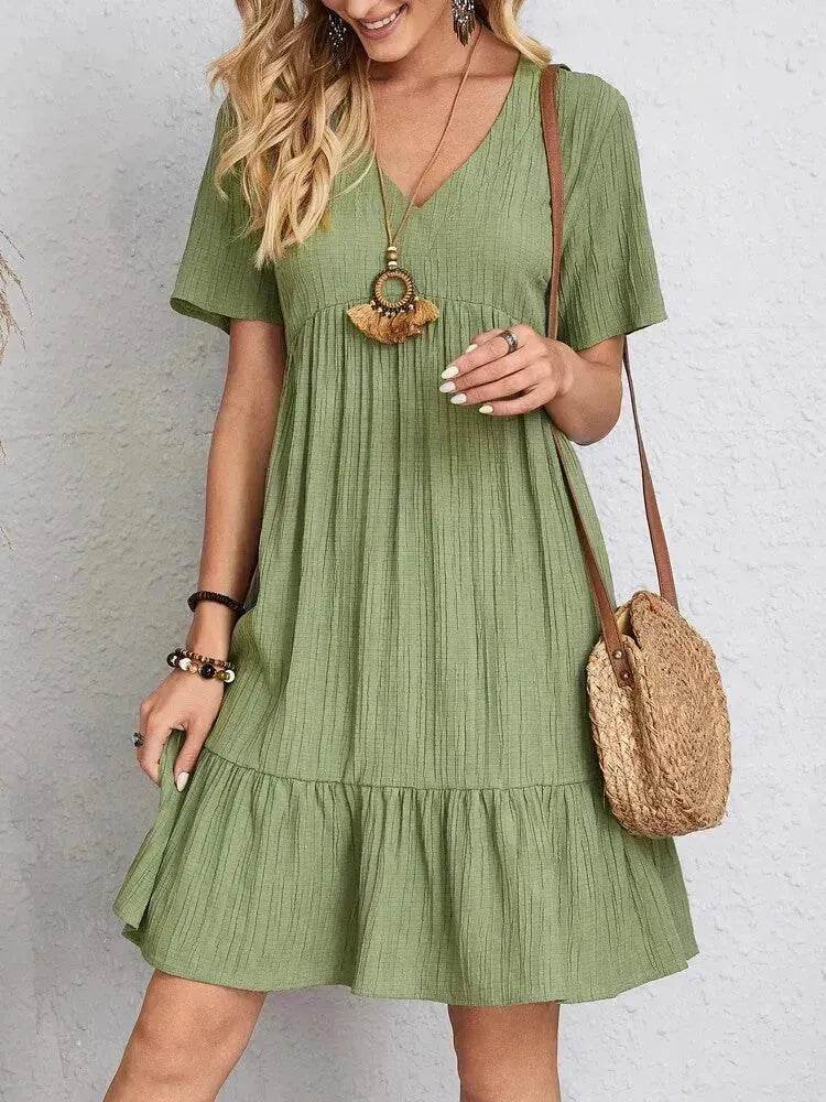 Summer Beach V-neck Dresses Women's Loose Casual Short-sleeved Loose Skater Dress for Chic Ladies - EX-STOCK Canada