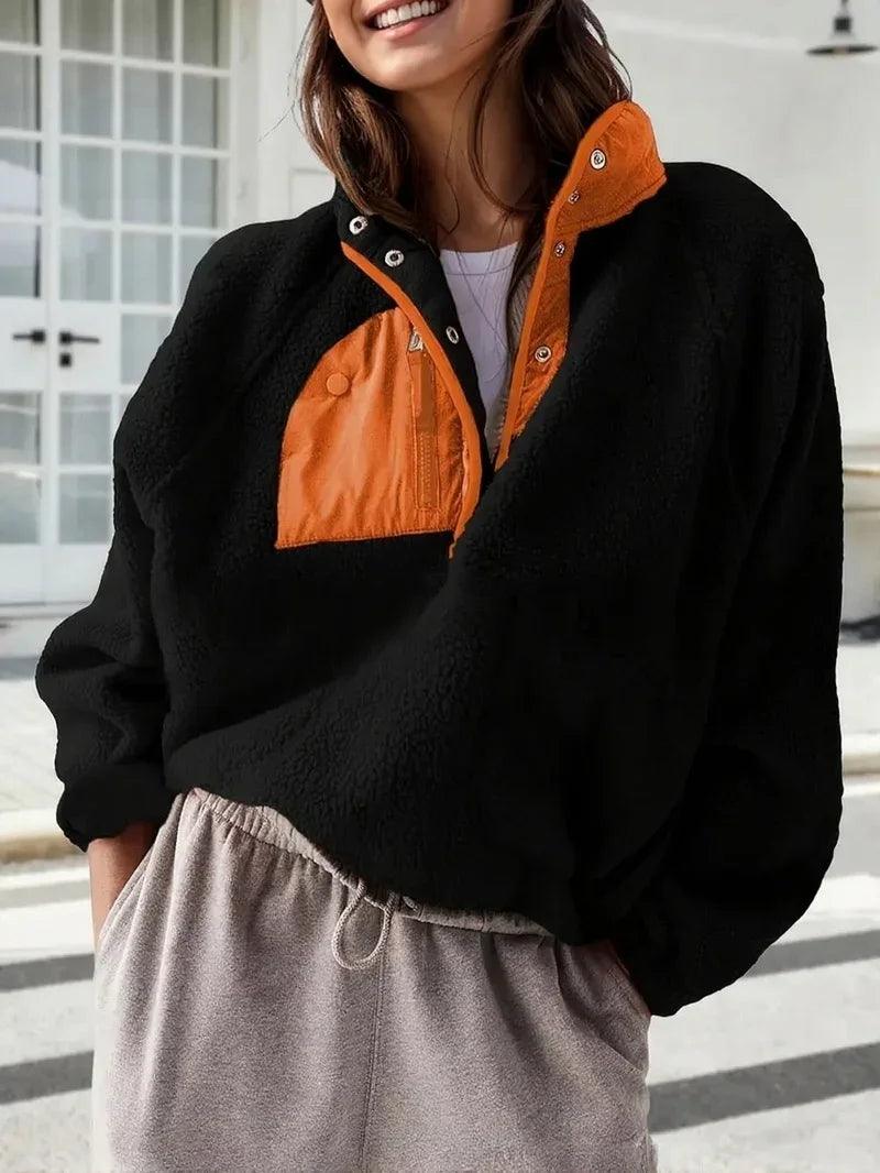Women's Fashion Sweatshirt Fleece Stand Collar Zipper Pocket Top EX-STOCK Canada