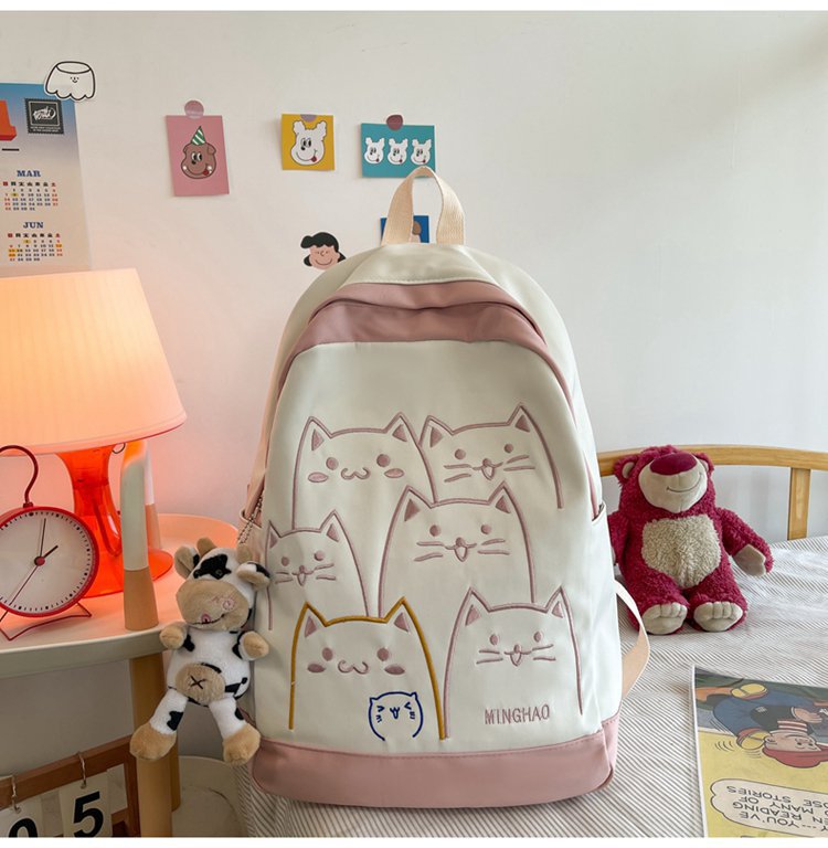 Korean Kawaii Cat School Backpack – Embroidered Nylon Bag, 5 Colours