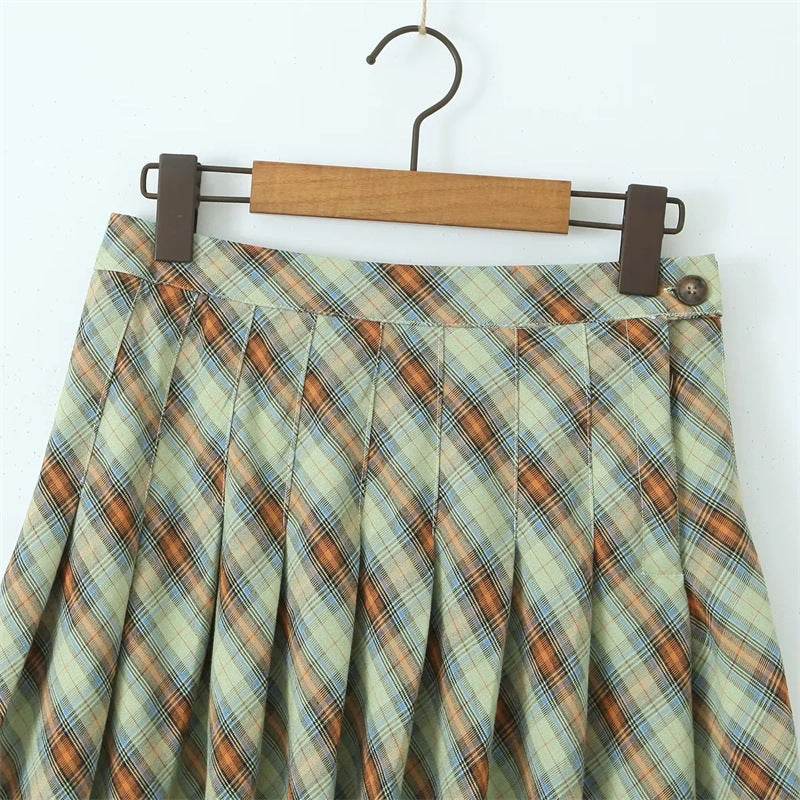 American Retro Low Waist Navel Plaid Pleated Long Skirt Women - EX-STOCK Canada