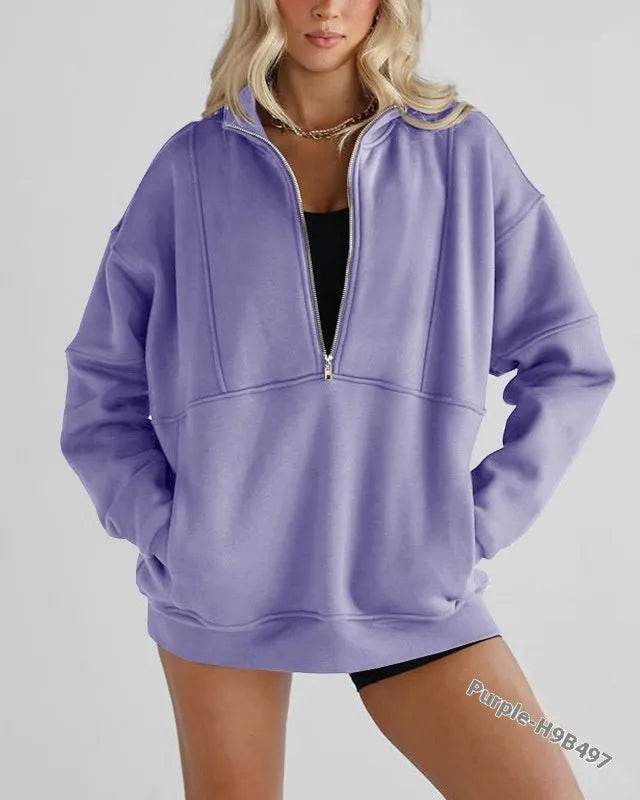 Women's Half Zipper Pocket Fashion Casual Exercise Oversized Sweatshirt Pullover - EX-STOCK Canada