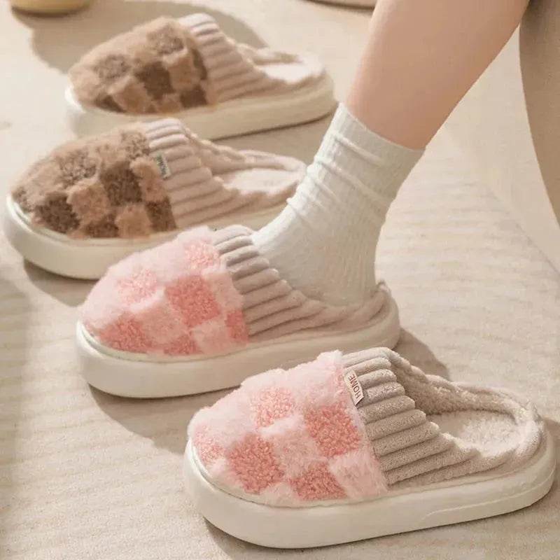 Plaid Plush Slippers Women's Indoor Plush Home Slippers Soft Sole Thick Non-Slip Warm House Shoes Couple Autumn And Winter - EX-STOCK Canada