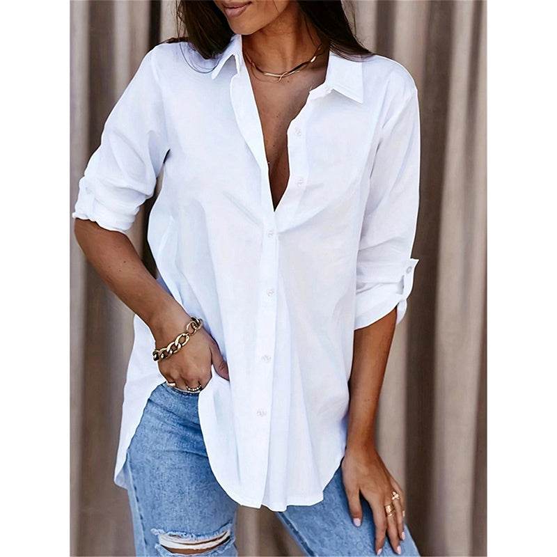 Women's Casual Long Sleeve Button-Down Shirt With Roll-Up Sleeves, Stylish Mid-Length Blouse For Everyday Wear - EX-STOCK Canada