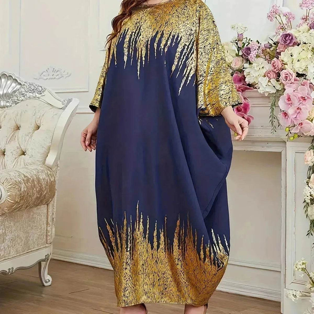 Fashion Embellish Fancy Abaya Middle East Print Color Contrast Patchwork Bat Sleeve Width Loose Summer Long Sleeve Dress - EX-STOCK Canada