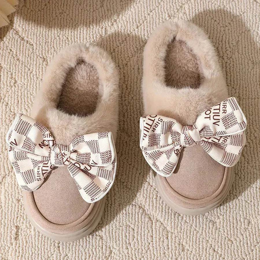 Cute Bowknot Plush Slipper Winter Warm Indoor Floor Bedroom Home Slippers For Women Fashion Thick-soled Solid House Shoes - EX-STOCK Canada