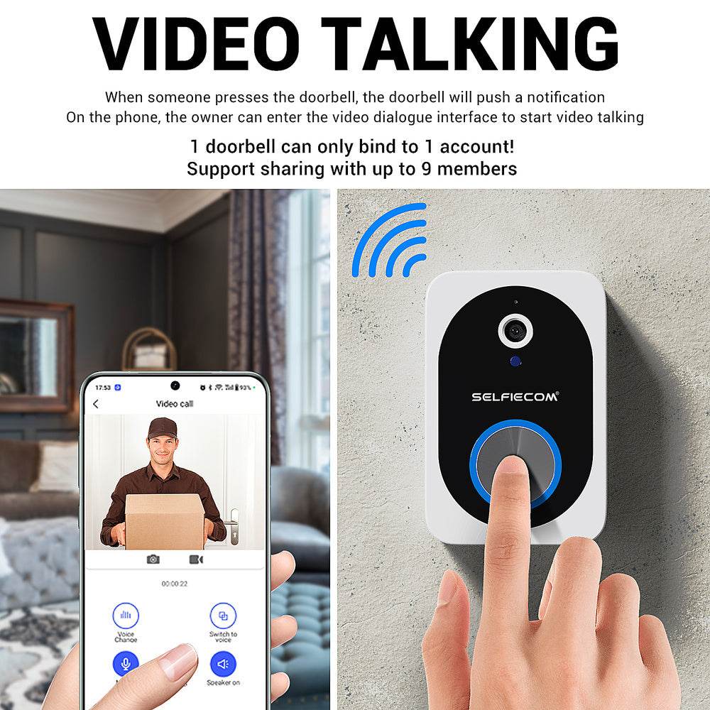 D10 Intelligent Wireless Doorbell Camera With Rechargeable Battery, Two-way Audio, 2.4G Wi Fi, APP Remote Intercom, Free Rolling Cloud Storage Built-in Battery - EX-STOCK Canada