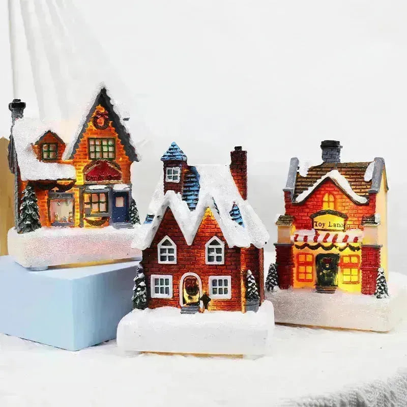 Décorations de Noël Résine Petite maison ornements lumineux
