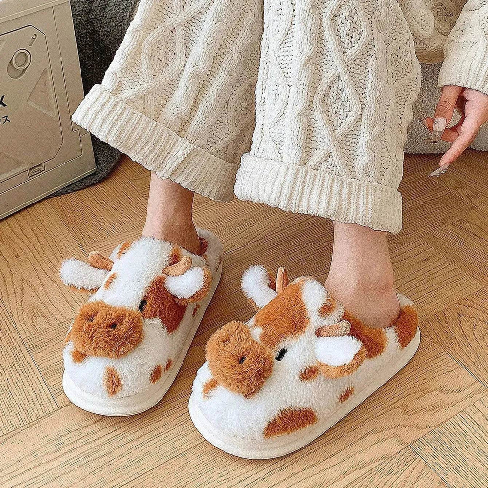 Cute Cartoon Cow Plush Slippers Winter Warm Indoor Bedroom Floor Fuzzy Slipper Couple Non-slip House Shoes - EX-STOCK Canada