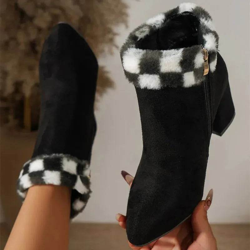 New Plaid Print Plush Ankle Boots Winter Fashion Square Heel Suede Boots Women Casual Versatile Shoes Autumn And Winter - EX-STOCK Canada