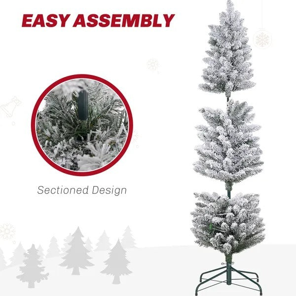 5ft Artificial Prelit Christmas Tree With Warm White LED Light, Snow Flocked Branches, Metal Base, Pencil Xmas Tree EX-STOCK Canada