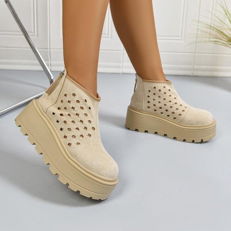 Damen Perforierte Plateau-Stiefeletten, Rückseiten-Reißverschluss Atmungsaktive Keilabsatz-Booties, Lässige Stiefel mit klobiger Sohle und Ausschnitten