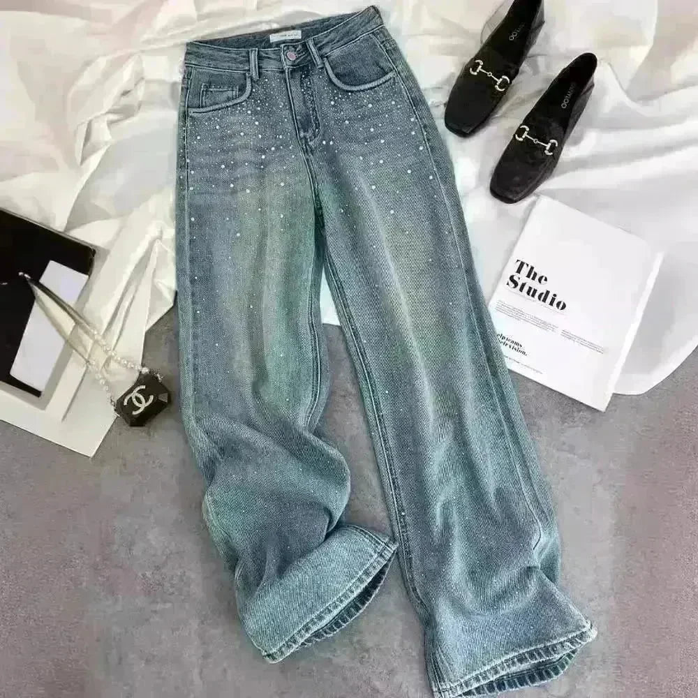Starry Diamond In The Debris Rhinestone Straight Baggy Jeans Pant For Women - EX-STOCK CANADA
