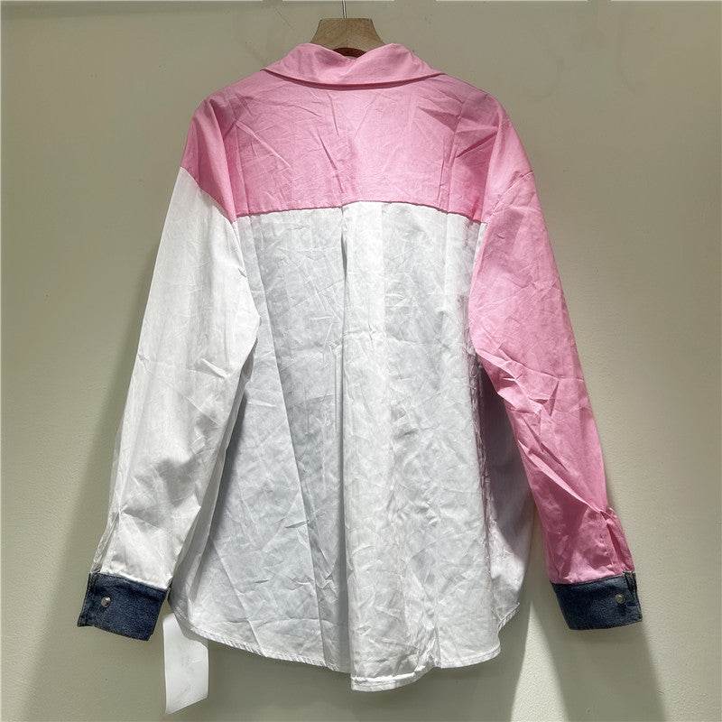 High-grade Contrast Color Patchwork Cotton Denim Long Sleeve Loose Shirt Women - EX-STOCK Canada