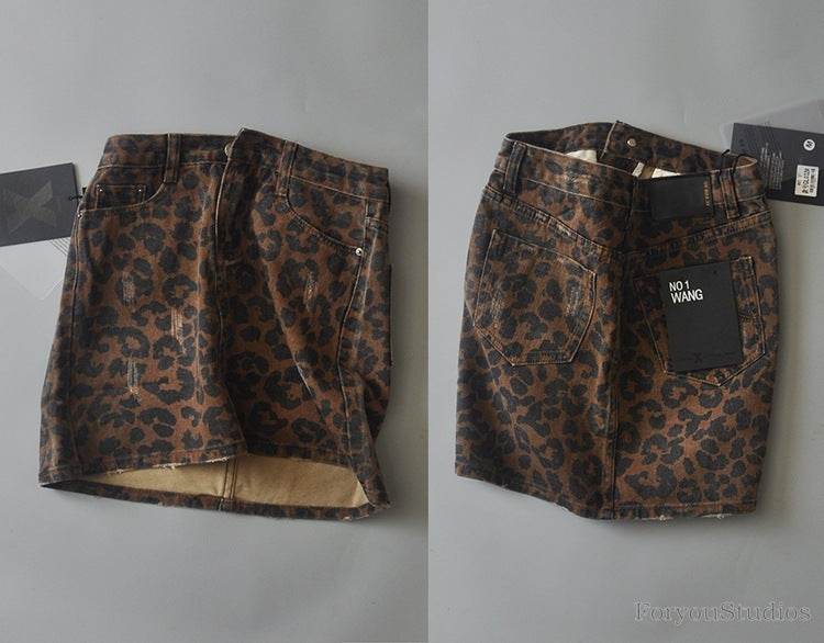 Leopard Print Mini Denim Skirt Women's High Waist Pencil Skirt - EX-STOCK Canada