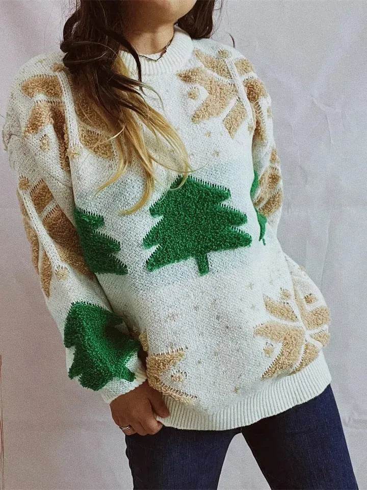 Women's Fashion Christmas Tree Jacquard Round Neck Long Sleeve Pullover Sweater top - EX-STOCK Canada