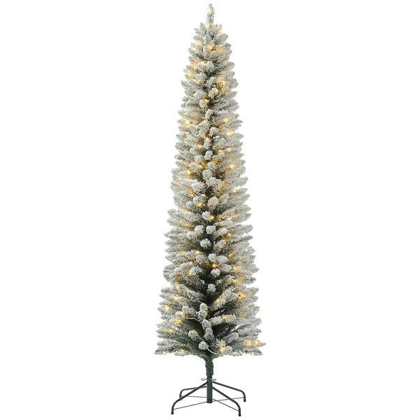7ft Artificial Prelit Christmas Tree With Warm White LED Light, Snow Flocked Branches, Metal Base, Pencil Xmas Tree EX-STOCK Canada
