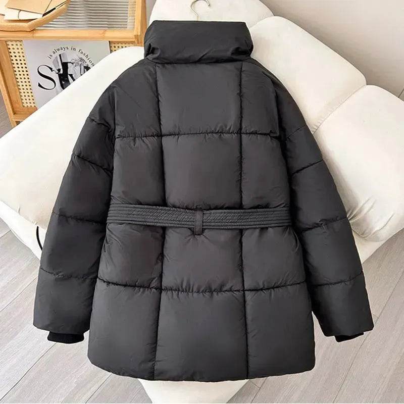 Winter Plaid Sewing Lapel Coat With Lace-up Design Fashion Loose Solid Thick Jacket Outerwear Women's Clothing - EX-STOCK Canada