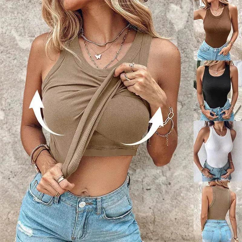 Cotton Round Neck Vest Top Summer Casual Solid Color Bottom Sleeveless Tank Top For Women - EX-STOCK Canada