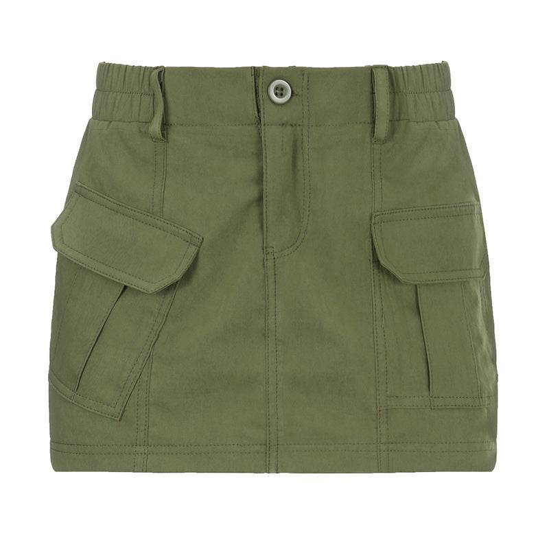 Simple Tooling Style Pocket Army Green Woven Hot Girl A- Line Mini Hip Cargo Skirt Summer - EX-STOCK Canada