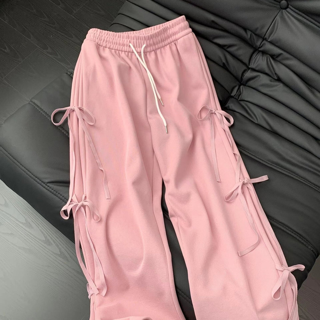 Fashion Vintage Bow lace up Drawstring Wide leg sweat pant for women